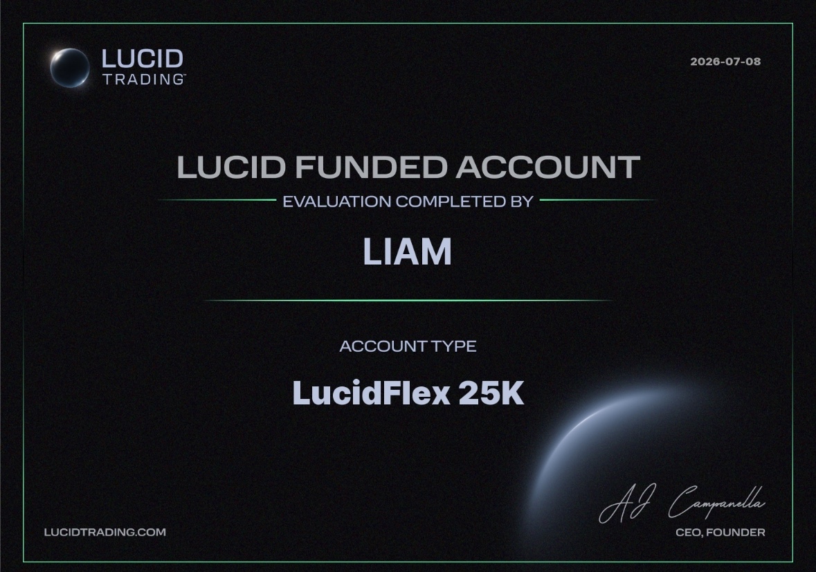 Liam's LucidFlex 25K funded account certificate