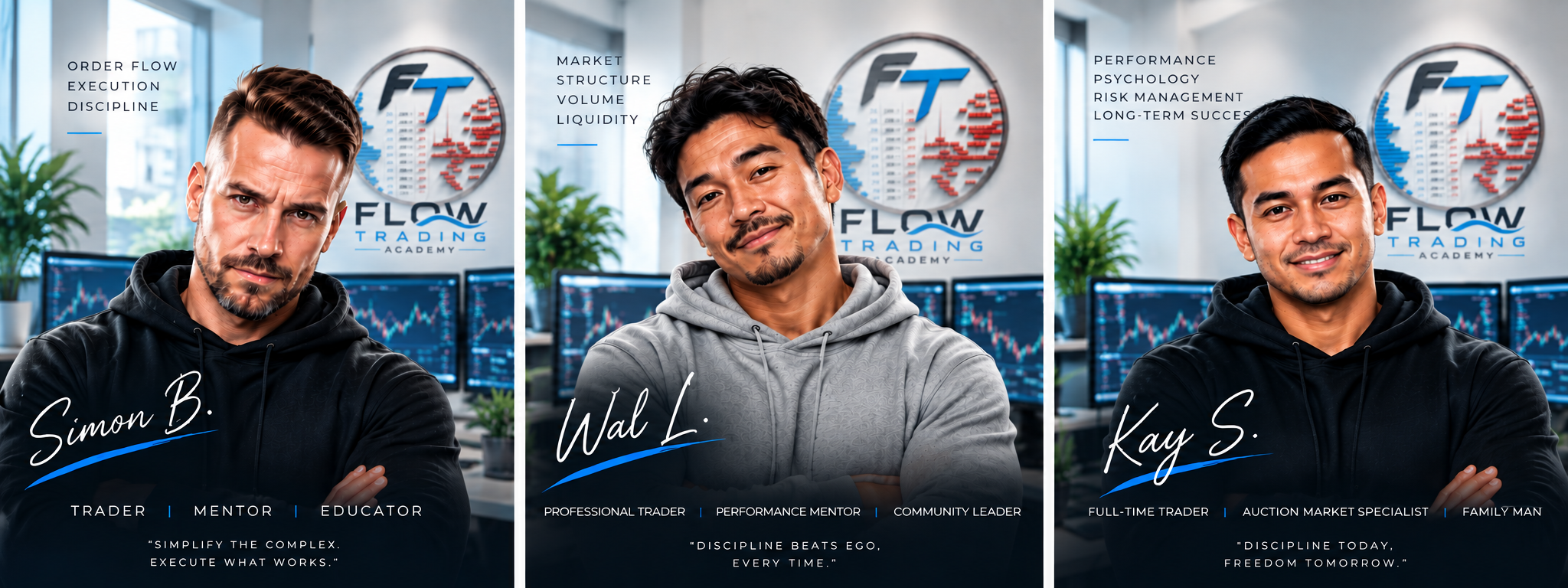 Simon B., Wal L. and Kay S. from Flow Trading Academy